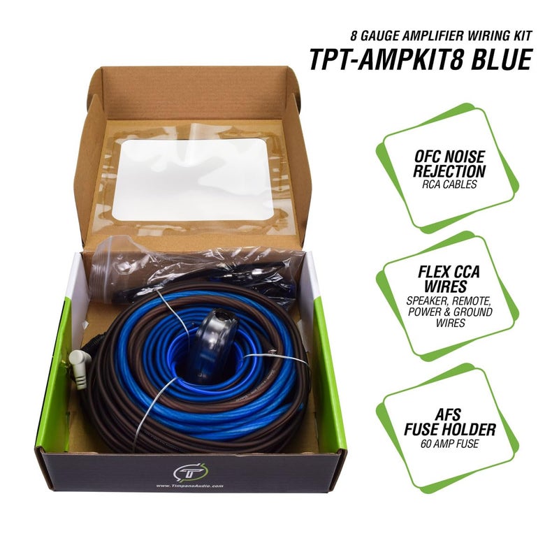 TIMPANO Amplifier Wiring Kit - 8 Gauge Amp Kit 1000 Watts Car Amplifier Installation CCA Cables Kit – 60 Amp Fuse Single Amp TPT-AMPKIT8 Blue - Image 2